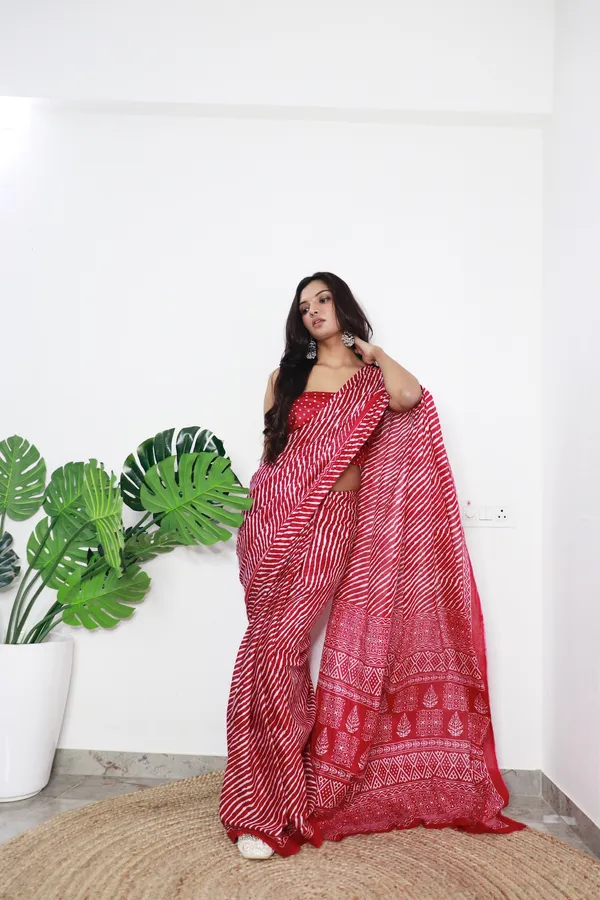 HANDICRAFT_WOMEN'S_LEHARIYA_PRINT_PURE_SOFT_COTTON_SAREE_WITH_BLOUSE_PIECE_With_Blouse_Piece